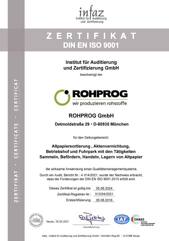 ROHPROG INFAZ Zertifikat Qualitätsmanagement nach DIN EN ISO 9 001 2015