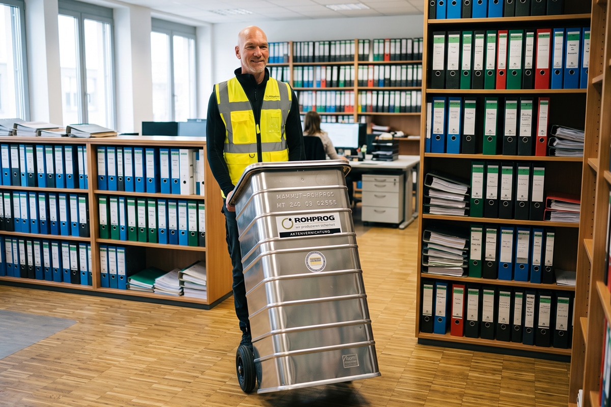 Mitarbeiter von Rohprog holt Akten zur Aktenvernichtung ab